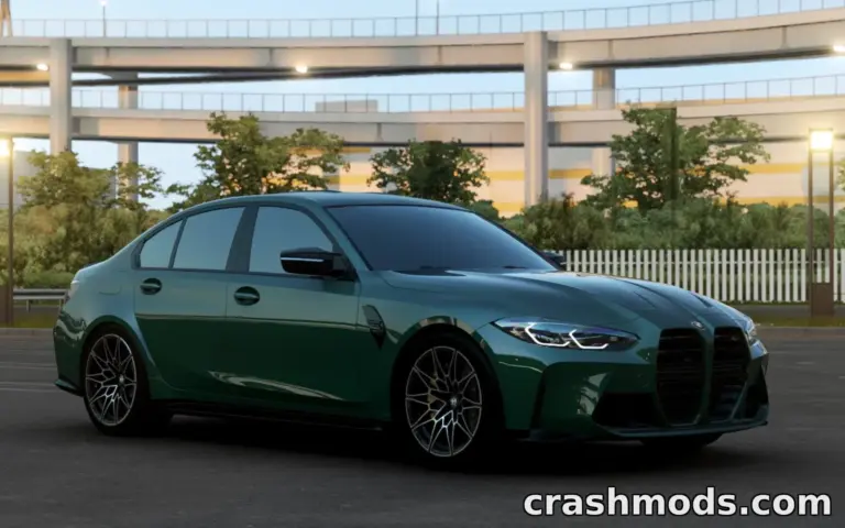 The BMW M3 G80 Twin Turbo showcases a sleek green exterior, parked under a modern overpass in Assetto Corsa.