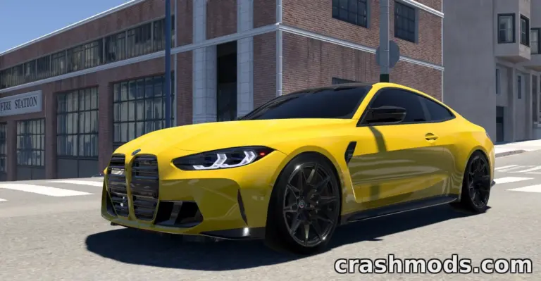 A vibrant yellow BMW M4 G82 parked on a city street, showcasing sleek design and modern aesthetics in BeamNG.drive.