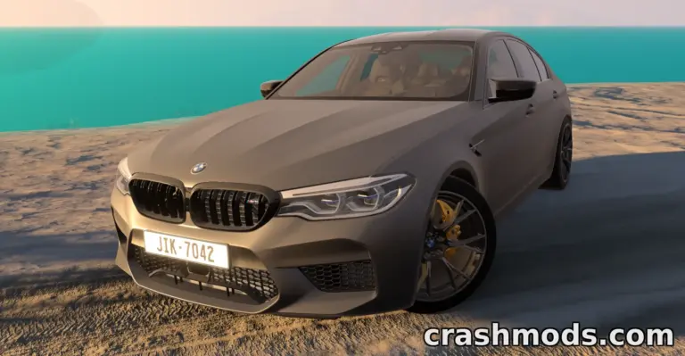 A sleek BMW M5 Series G30 F90 parked on a scenic beach, showcasing its detailed design and vibrant surroundings.