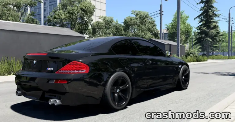 Black BMW M6 (E63) parked on a city street, showcasing sleek design and modded features in BeamNG.drive.