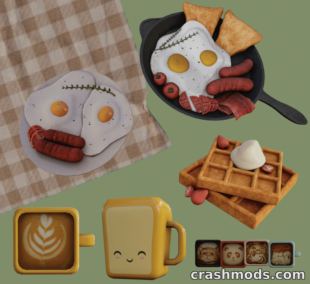 Delicious breakfast spread featuring eggs, sausages, waffles, and coffee mugs from the "Breakfast CC pack" for The Sims 4.