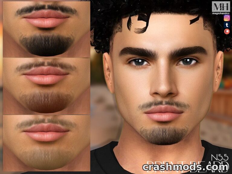 Close-up of a Sims 4 character's facial features showcasing the "Brent Beard N55" mod with detailed facial hair and lips.