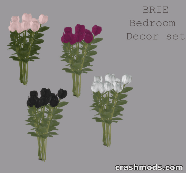 Four elegant rose bouquets in varying colors, designed for the "Brie Rose Bouquet" mod in The Sims 4.
