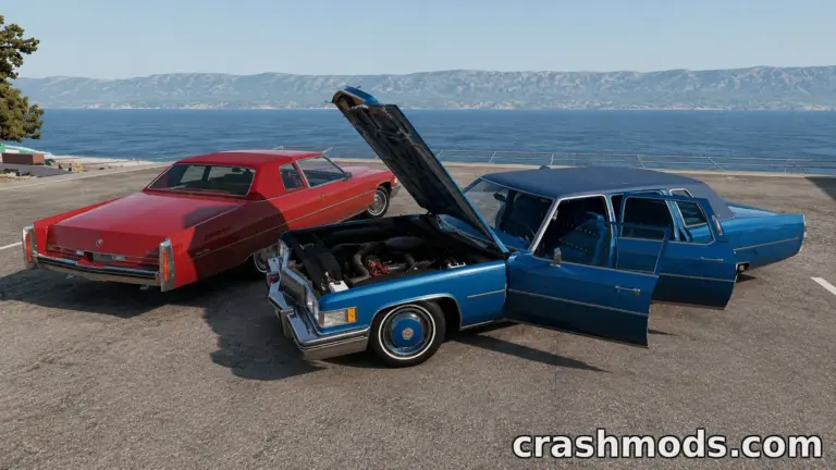 Two classic Cadillac cars from the 1974-1976 series parked by a scenic waterfront, showcasing detailed mod features.
