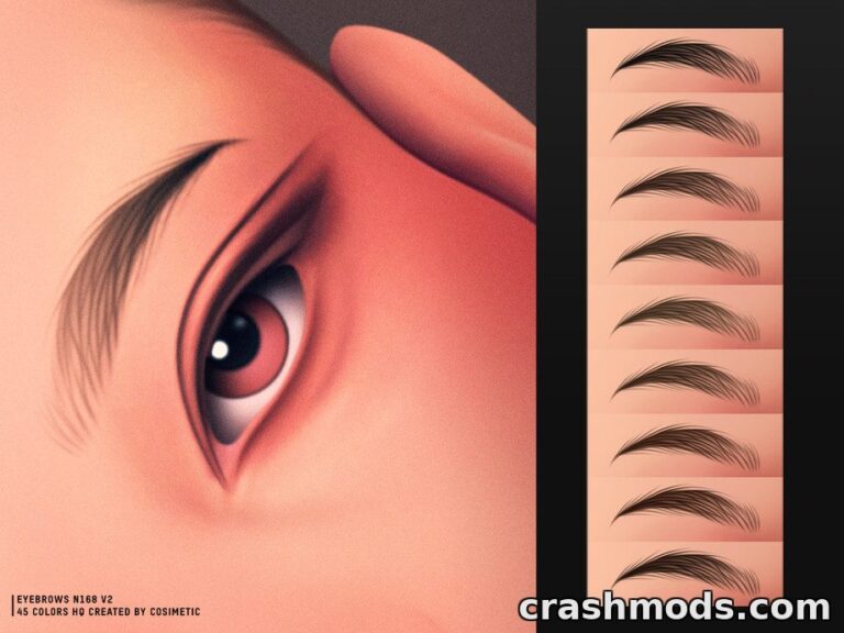 Showcasing the "Calm Curve Eyebrows N168" mod for The Sims 4, featuring 15 eyebrow styles in various colors.