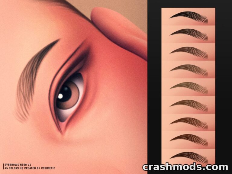 Showcasing the "Calm Curve Eyebrows N168" mod for The Sims 4 with various eyebrow styles and colors.