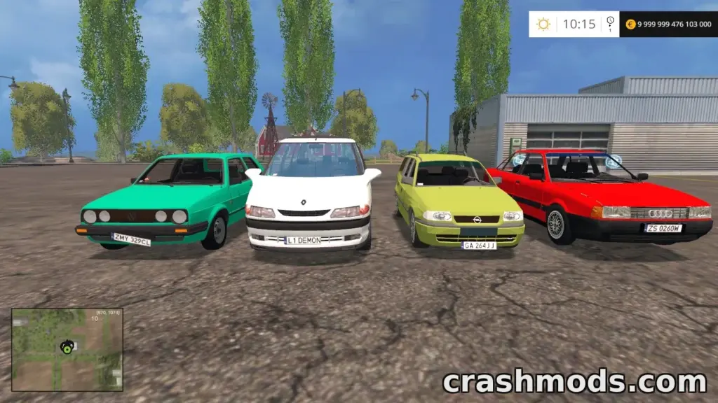 Four colorful cars lined up in a Farming Simulator 15 environment, showcasing the "Cars Pack" mod.