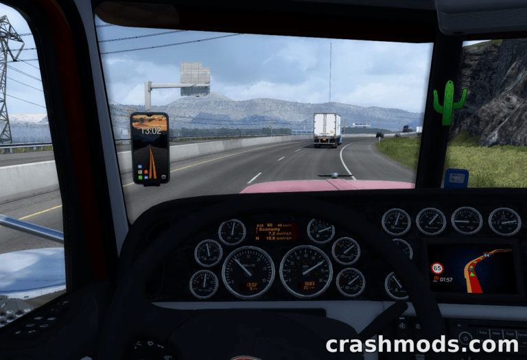 The cockpit view in Euro Truck Simulator 2 showcases the "Cellphone Hours" mod, featuring a detailed dashboard and road ahead.