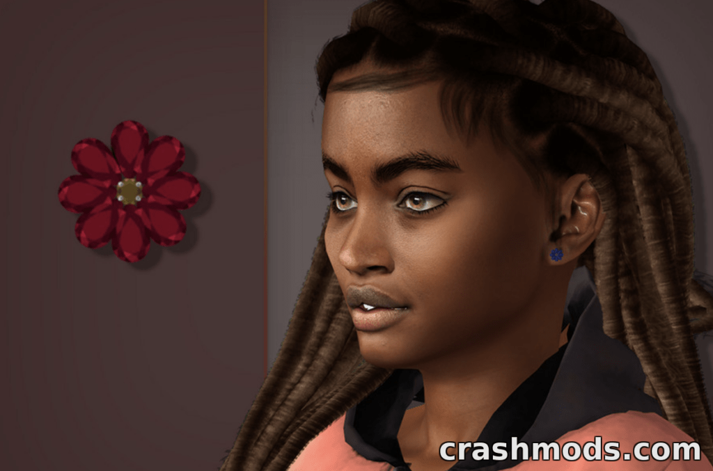 Close-up of a child Sim showcasing Claire Earrings, featuring detailed textures and realistic facial features.
