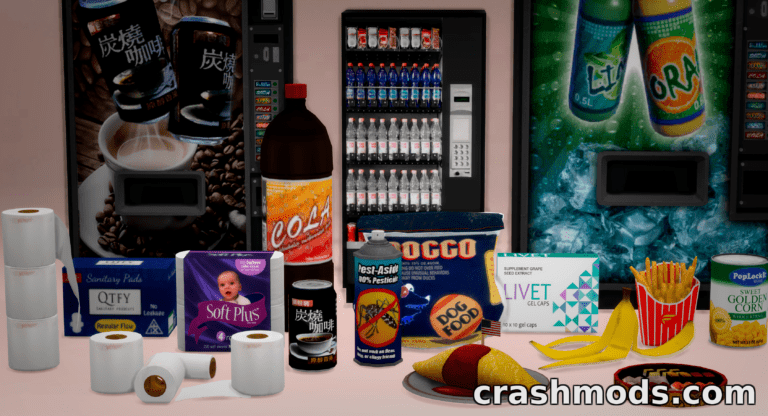 A vibrant display of various snacks and drinks from the "Clutter" mod for The Sims 4, featuring vending machines and food items.