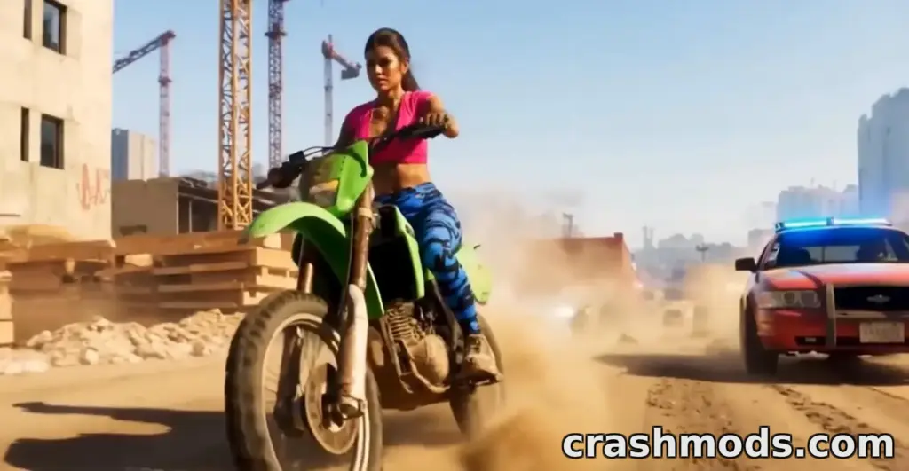 Stylised GTA-style artwork on a CrashMods banner: a woman in a pink crop top riding a green dirt bike away from a police cruiser across a dusty construction site