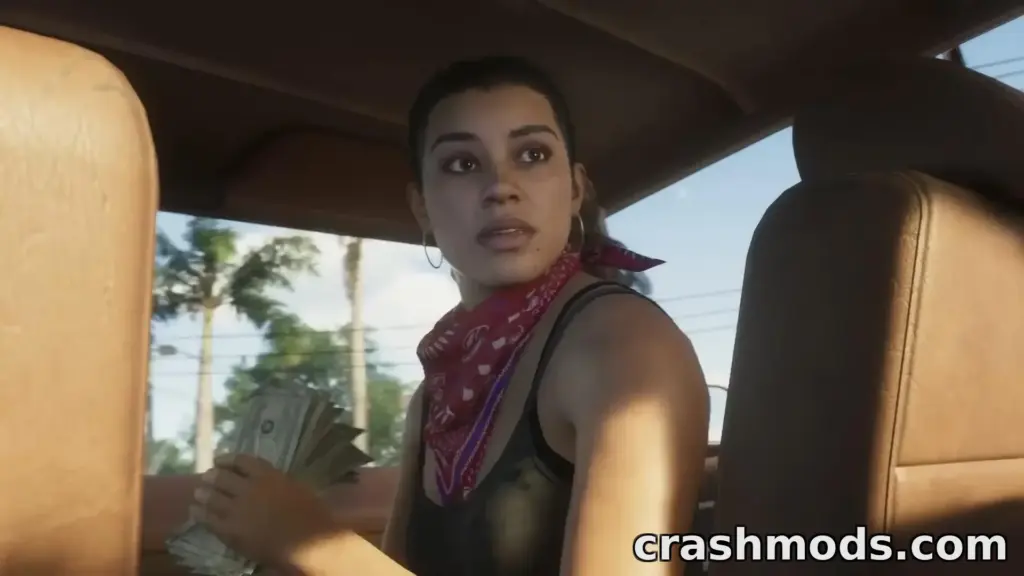 GTA 6 screenshot: a young woman with a red bandana around her neck sits inside a car clutching a fistful of cash, palm trees visible through the window behind her