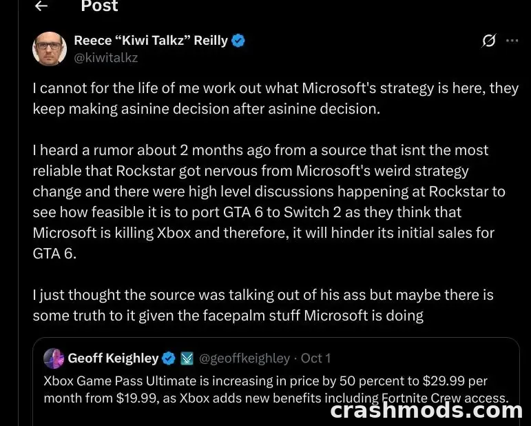 Screenshot of an X post by Reece "Kiwi Talkz" Reilly relaying a rumor that Rockstar held high-level discussions about porting GTA 6 to Switch 2, quoting Geoff Keighley's post on the Game Pass Ultimate price increase