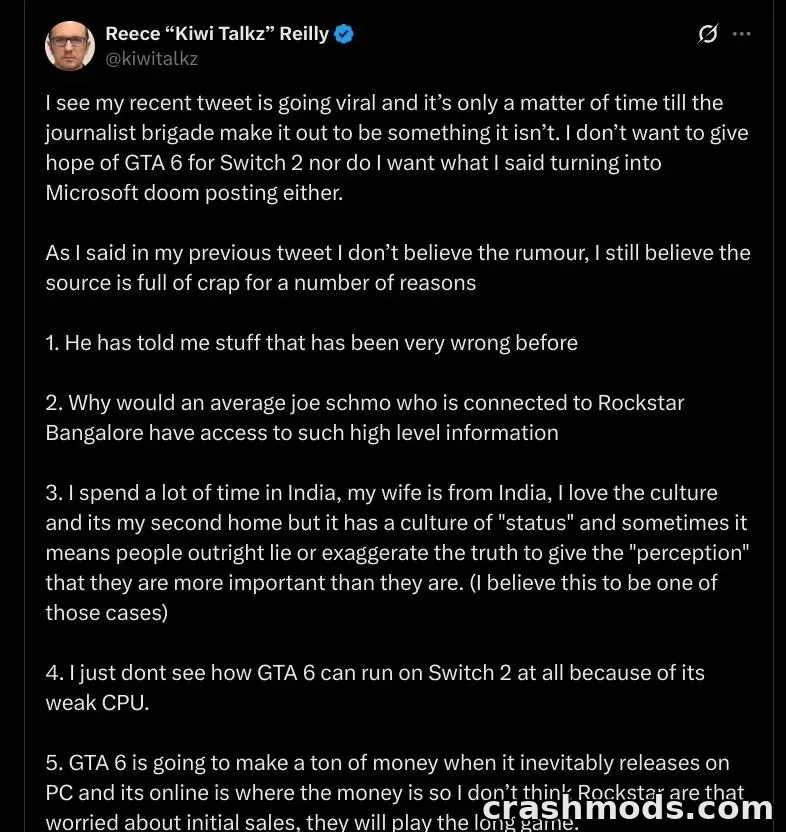 Screenshot of the follow-up X post from Kiwi Talkz, a dark-background thread listing numbered reasons why he does not believe his own GTA 6 Switch 2 rumor, including the console's weak CPU