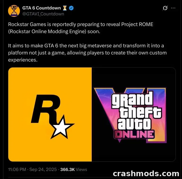 Screenshot of a September 2025 X post by the GTA 6 Countdown account claiming Rockstar will soon reveal Project ROME, the Rockstar Online Modding Engine, with the Rockstar logo and a GTA Online logo pictured below the text