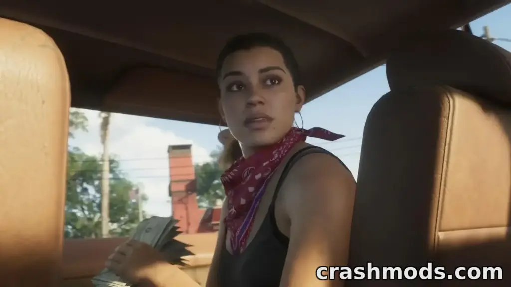GTA 6 trailer screenshot: Lucia in a black tank top with a red bandana knotted at her neck and a hoop earring, holding a stack of banknotes inside a car