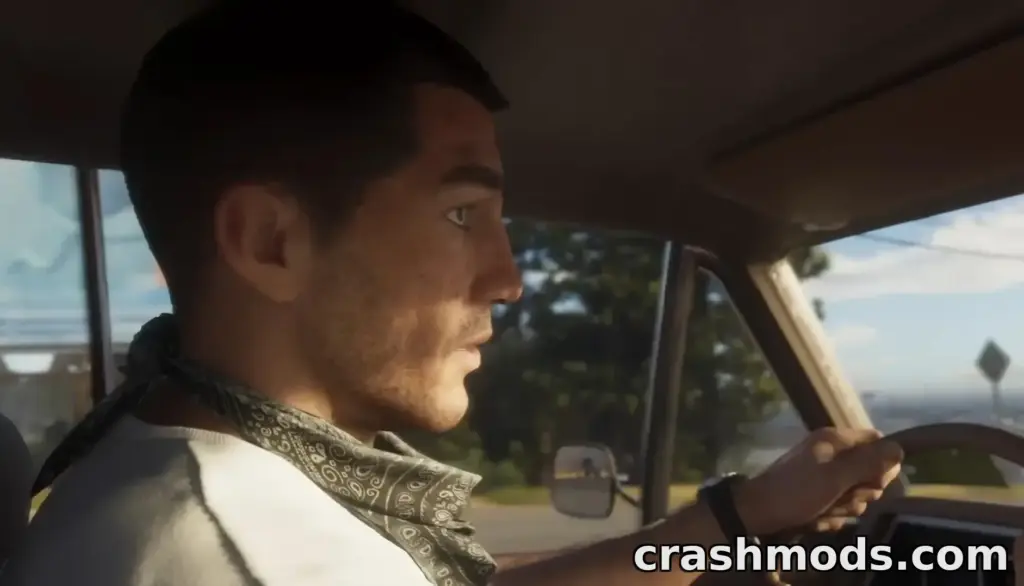 GTA 6 trailer screenshot: Jason in profile at the wheel, a grey paisley bandana around his neck and a sunlit road behind him
