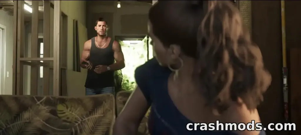 GTA 6 trailer 2 screenshot: Jason, in a black tank top and gold chain, stands in a dim wood-panelled room with a sunlit doorway behind him, seen past two out-of-focus women in the foreground