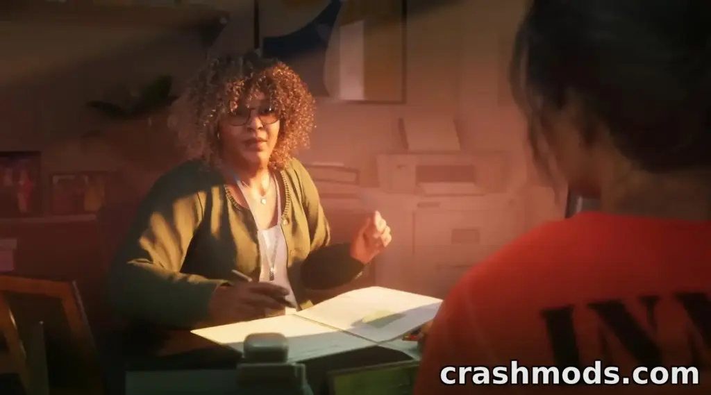 GTA 6 trailer screenshot: a curly-haired official in glasses talking across a paperwork-covered desk to an inmate in an orange shirt, seen from behind