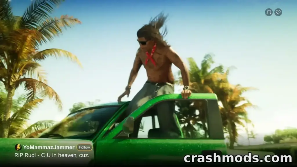 GTA 6 trailer screenshot: a shirtless long-haired man in sunglasses standing on a moving green pickup among palm trees, inside a social post captioned RIP Rudi