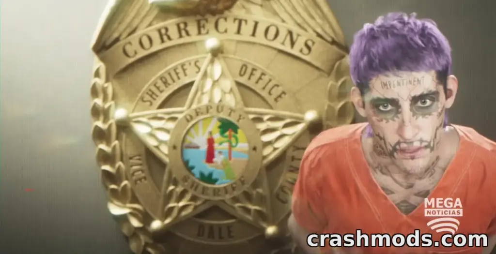 GTA 6 trailer screenshot: a news broadcast showing a purple-haired man in an orange jail shirt with heavy face tattoos next to a large Vice-Dale County Sheriff's Office corrections badge