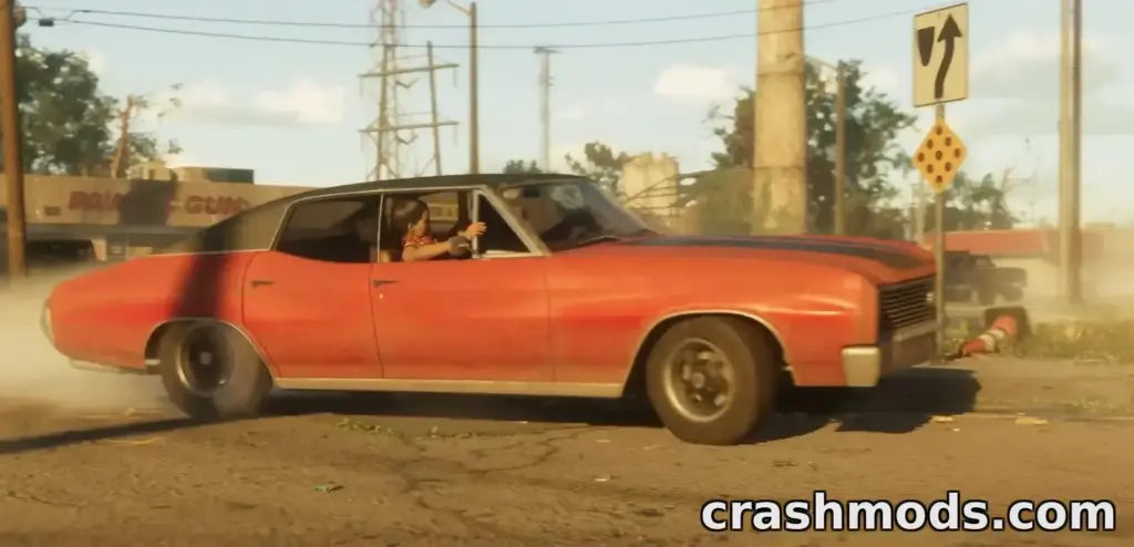 GTA 6 trailer screenshot: a battered red muscle car tearing down a dusty backroad
