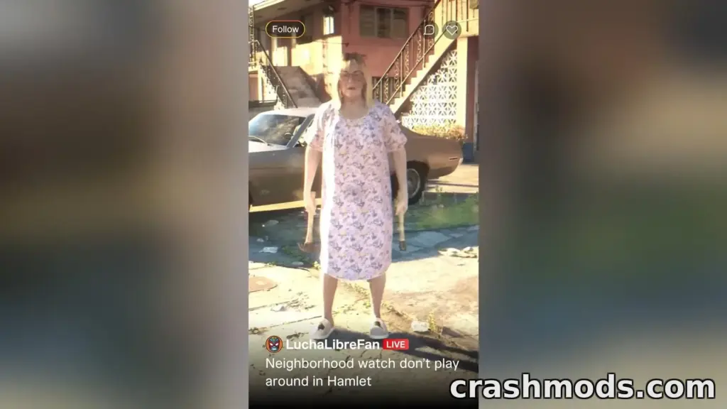 GTA 6 trailer screenshot: a vertical livestream clip of an elderly woman in a floral nightgown holding a hammer in each hand outside an apartment block