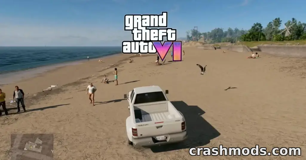 GTA 6 screenshot with the Grand Theft Auto VI logo overlaid: a white pickup truck parked on the sand of a wide beach, beachgoers walking and sitting nearby, and a seabird gliding low over the sand