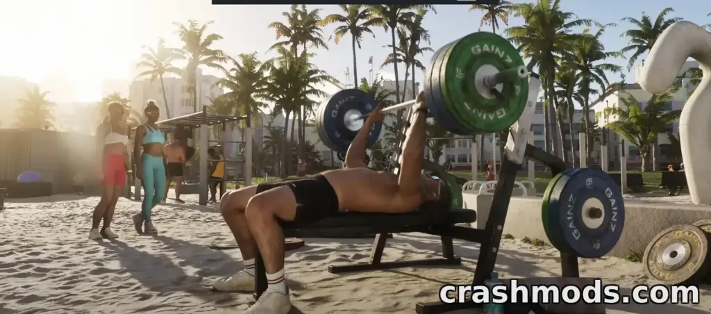 GTA 6 screenshot: a shirtless character bench-pressing green Gainz weight plates at a sunlit beach gym ringed by palm trees