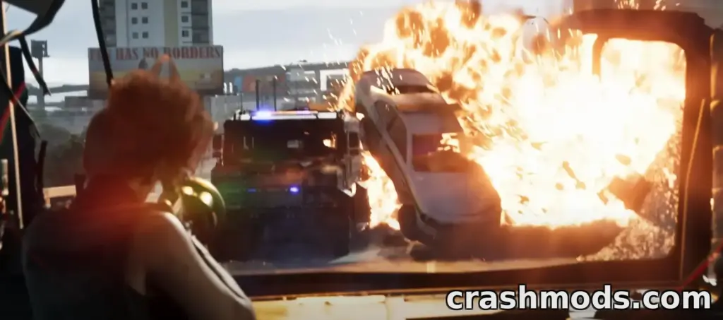GTA 6 screenshot: seen over a red-haired character's shoulder from inside a vehicle, a car flips in a fireball beside an armoured police truck