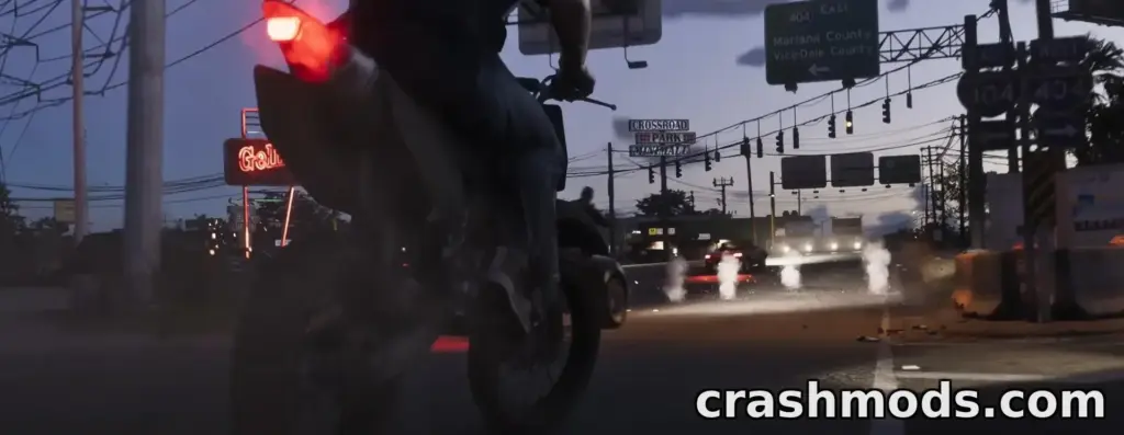 GTA 6 screenshot: a rider pulling a wheelie at a dusk intersection under green county highway signs and rows of traffic lights
