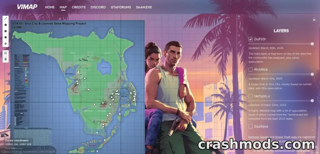 Screenshot of the VIMAP interactive GTA 6 map site: the DuPz0r map layer on the left and a layers panel listing DuPz0r, RickRick, tachyon_v and DazRave over Lucia and Jason artwork