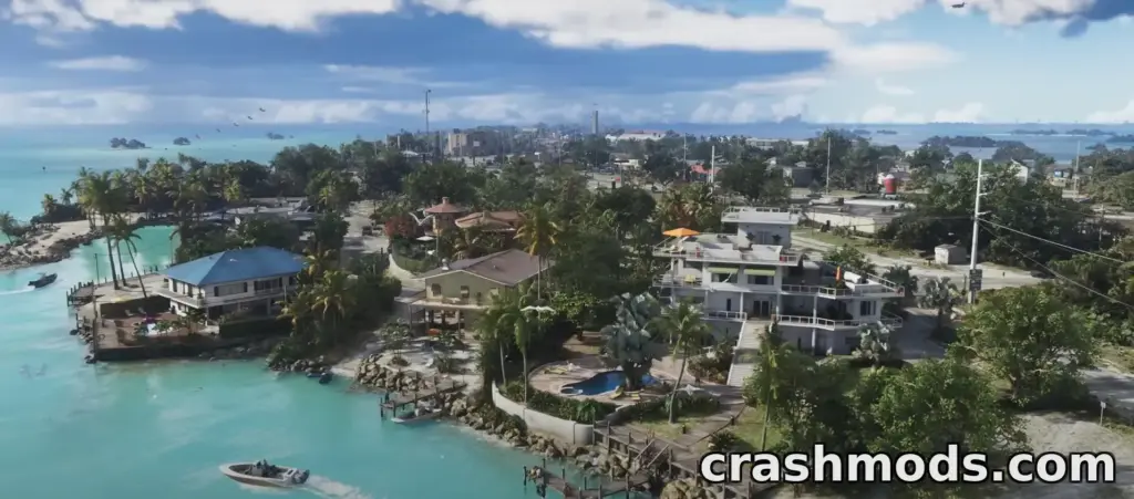 GTA 6 screenshot: aerial view of a Keys-style island town with turquoise shallows, waterfront houses, pools and boat docks