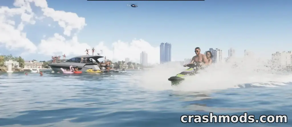 GTA 6 screenshot: two riders on a jet ski speeding past a crowded party boat, with the Vice City skyline on the horizon