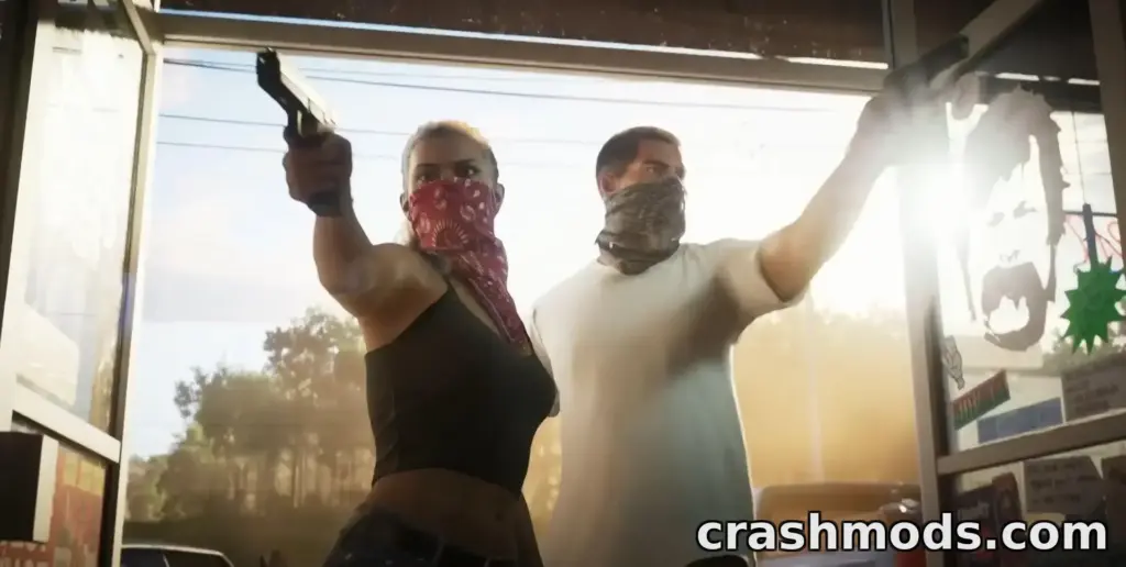 GTA 6 screenshot: two bandana-masked robbers, a blonde woman and a man in a white T-shirt, raising pistols inside a sunlit store