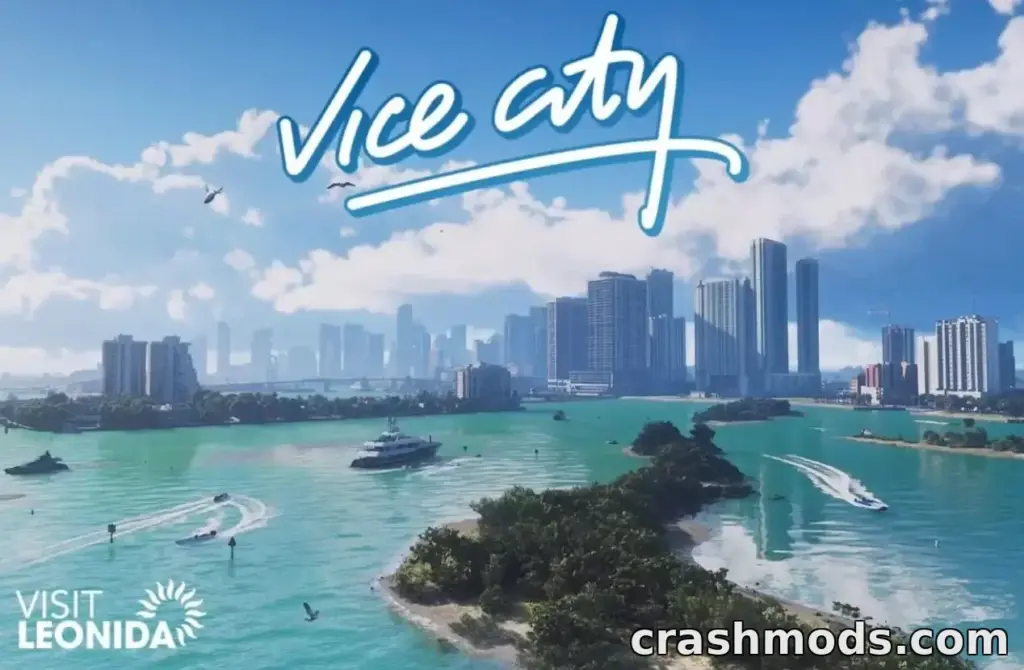 GTA 6 region title card: Vice City lettering over an aerial view of turquoise bay water, boats and the city skyline, with a Visit Leonida sun logo in the corner