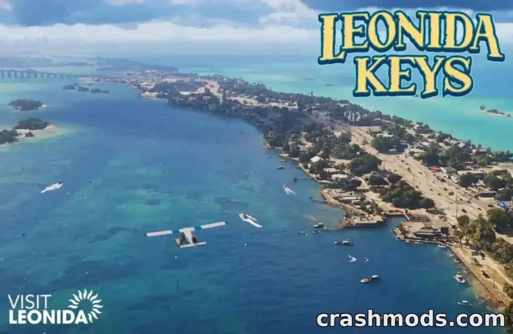 GTA 6 region title card: Leonida Keys lettering above an aerial shot of a narrow island chain with a causeway bridge, a seaplane and moored boats