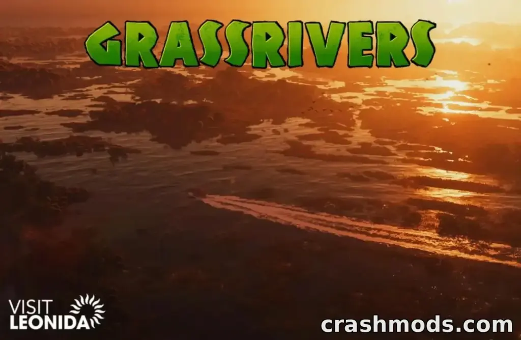 GTA 6 region title card: Grassrivers lettering over a sunset aerial of flooded sawgrass marsh with a boat cutting a wake through the shallows