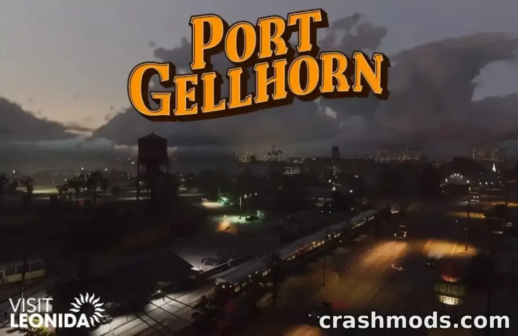 GTA 6 region title card: Port Gellhorn lettering above a dusk view of a low-rise town with a water tower, rail tracks and lit streets under heavy clouds