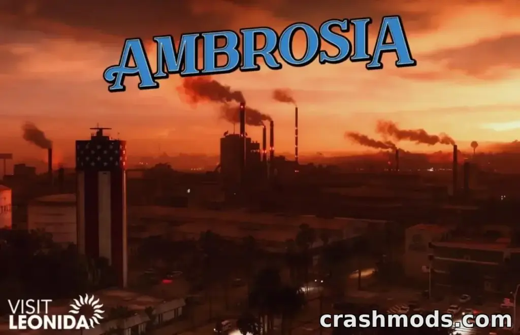 GTA 6 region title card: Ambrosia lettering over an orange sunset skyline of smoking industrial chimneys and a tower painted with the Stars and Stripes