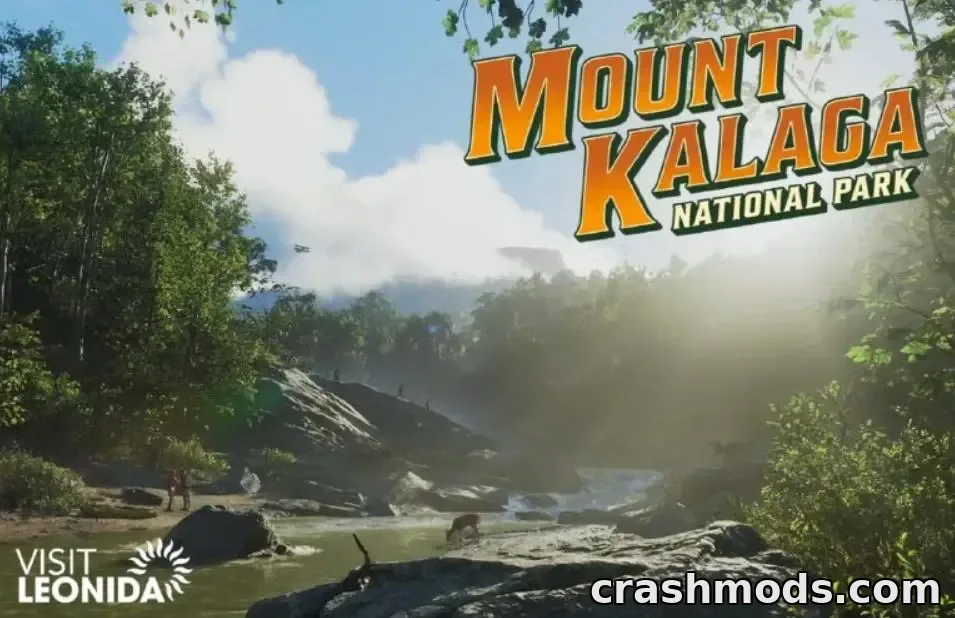 GTA 6 region title card: Mount Kalaga National Park lettering above a sunlit forest gorge with a rocky river, mist and a deer at the water