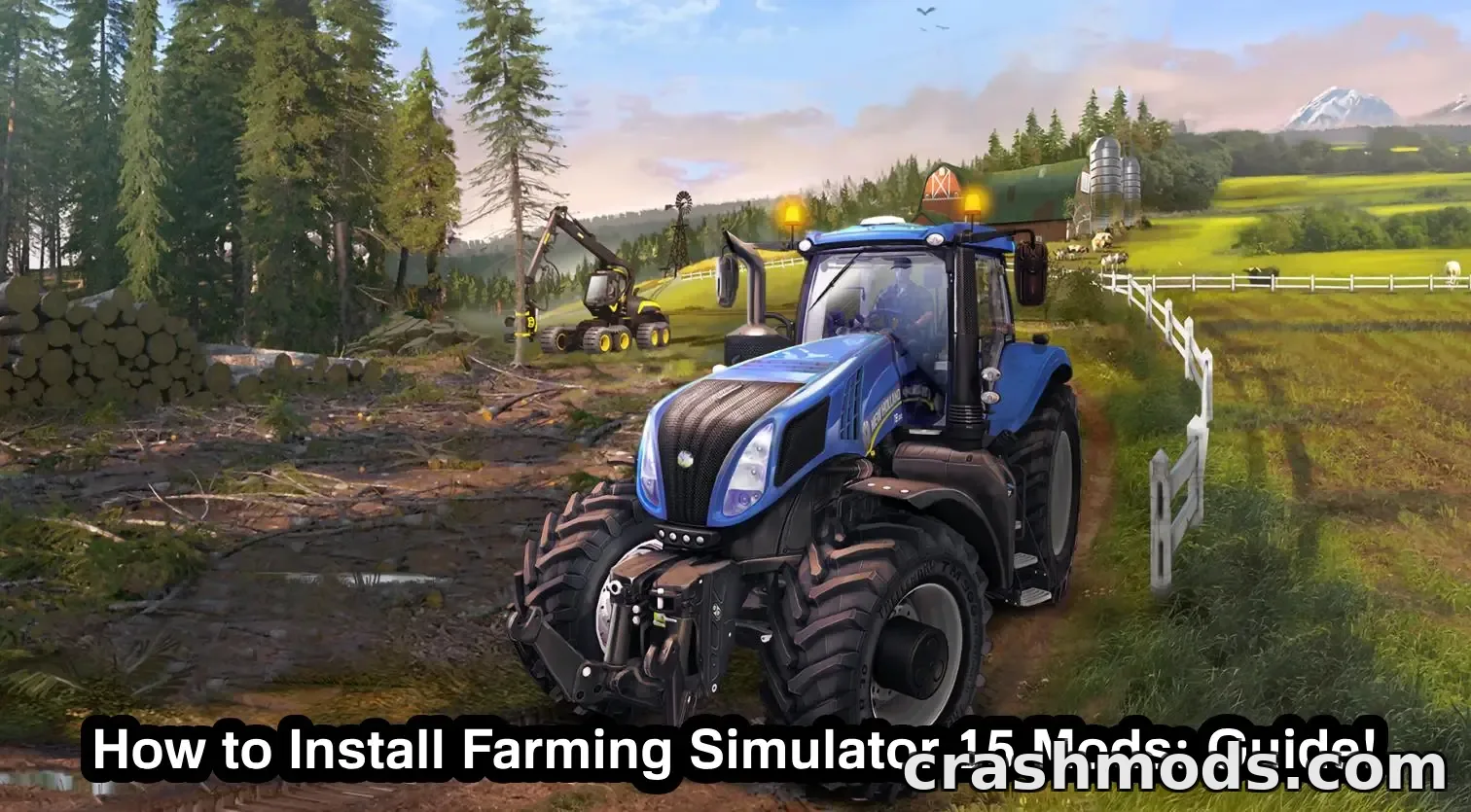 A blue tractor is parked in a lush farm setting, with machinery and mountains in the background, showcasing modding for Farming Simulator 15.