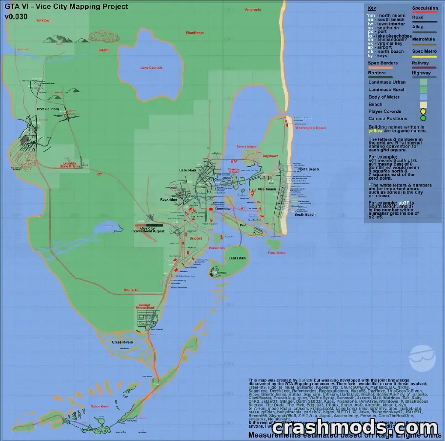 Fan-made GTA 6 map: version 0.030 of DuPz0r's Vice City Mapping Project, a schematic chart of Leonida with a color key, labeled districts and marked camera positions