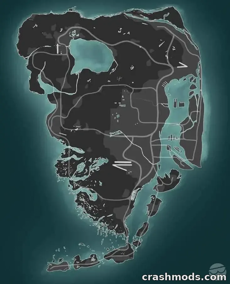 Fan-made GTA 6 map concept showing the Leonida landmass in black and gray on teal water, with pale road lines and no place names