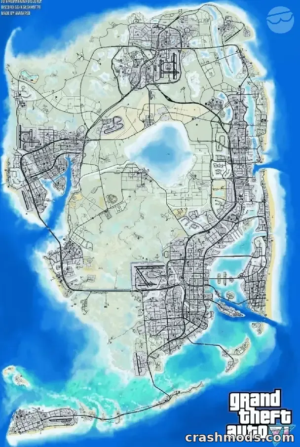 Satellite-style GTA 6 fan map credited to Avatarso, rendering Leonida in the look of GTA 5's in-game atlas, with the Grand Theft Auto VI logo in the corner