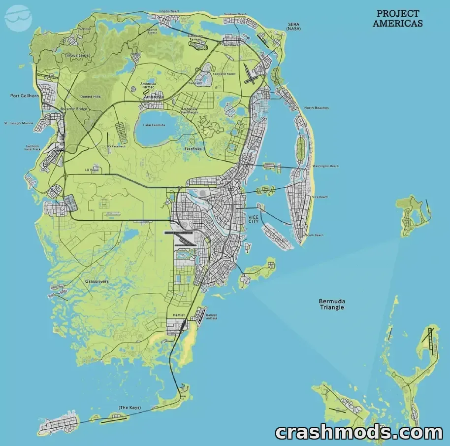 Project Americas fan map of GTA 6 with green terrain on blue water, labels running from Port Gellhorn and Ambrosia down to Vice City and the Keys, and a Bermuda Triangle marked offshore