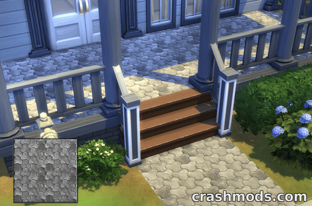 Detailed driveway and steps design from the "ConcreteObsession_DrivewaysA" mod for The Sims 4, enhancing curb appeal.