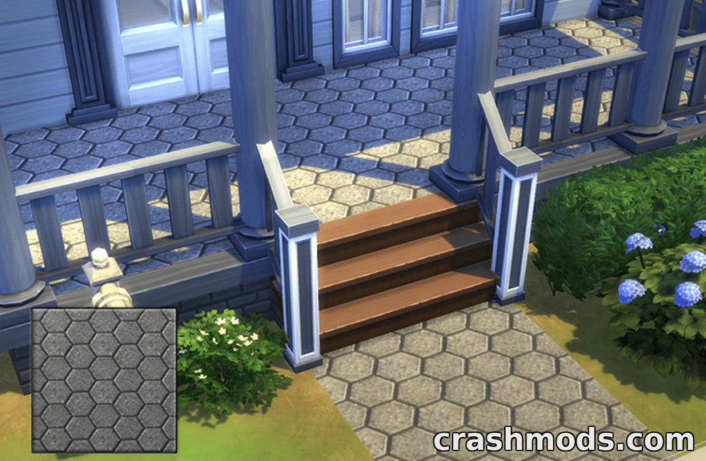 Detailed hexagonal stone driveway and steps enhance the entrance of a home in The Sims 4 mod "ConcreteObsession_DrivewaysB."