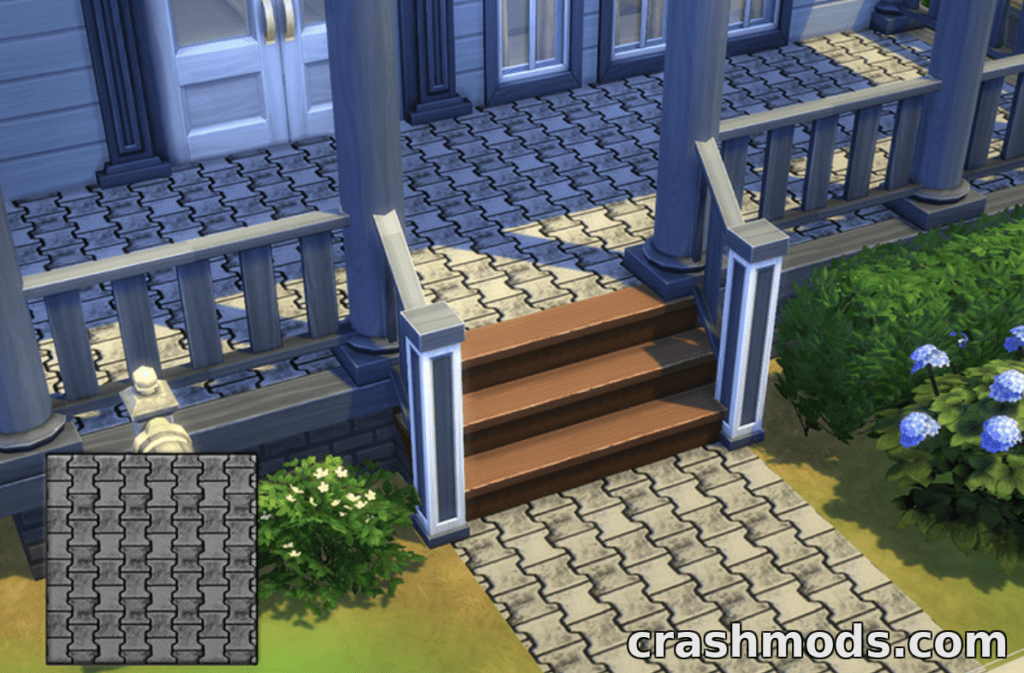 Stylish concrete driveway and steps enhance a charming home entrance in The Sims 4 mod "ConcreteObsession_DrivewaysC."