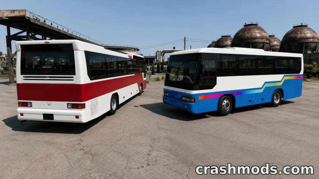 Two commercial buses from the "Daewon LN" mod for BeamNG.drive, showcasing vibrant color schemes and detailed designs.